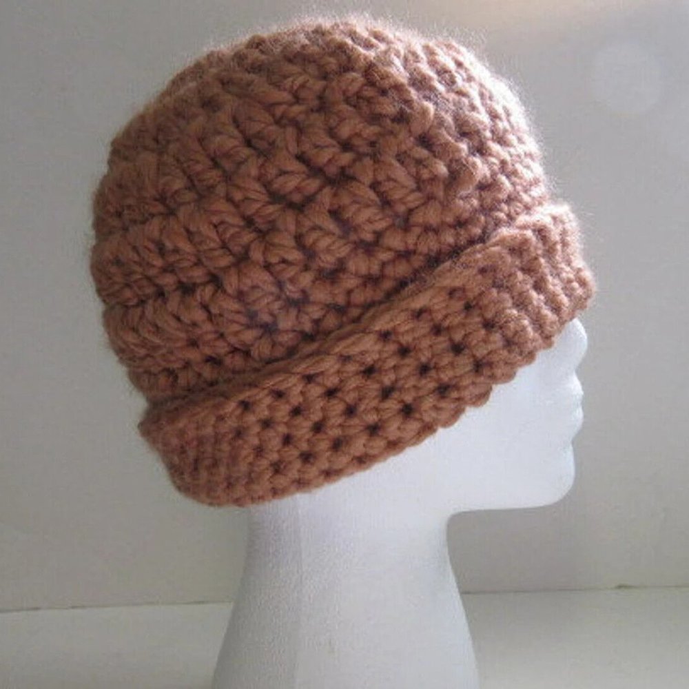 Brown Wool Beanie Cap Chunky Cloche Hat Chic Handmade Crochet Knit USA Size S